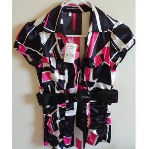 Women's Satin-Style Black and Pink Checkered Blouse with Black Belt - Size Small